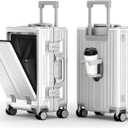 ALPHA CAMP 20 Inch Aluminum Frame Carry-On Luggage, Front Opening Hardside Carry on Suitcase with Quick-Access Front Compartment, Airline Approved with TSA Lock, USB&Type-C Ports, Cup Holder, Silver