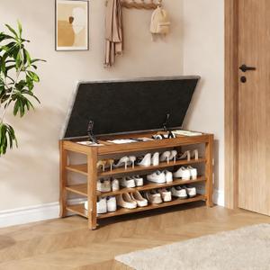Solid Wood Shoe Bench with Storage, Flip-Top Soft-Close Lid, Adjustable Shelves, Cushioned Entryway Shoe Rack Organizer, 31.5