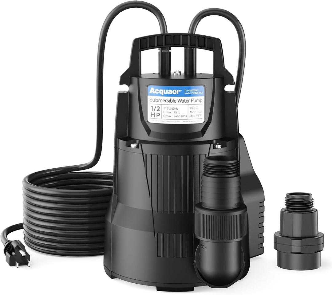 Acquaer 1/2 HP Automatic Sump Pump, 2450 GPH Submersible Water Pump with 3/4Garden Hose Check Valve Adapter, Thermoplastic Utility Transfer Pump for Flooded Basement Pools Tub Draining, 19ft Cord