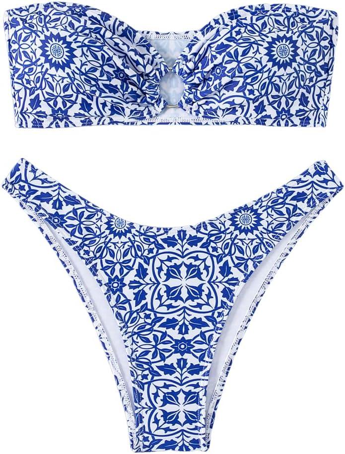 SHENHE Women's Floral Bandeau Bikini Set O Ring High Cut Strapless 2 Piece Swimsuit (Medium, Blue and White)