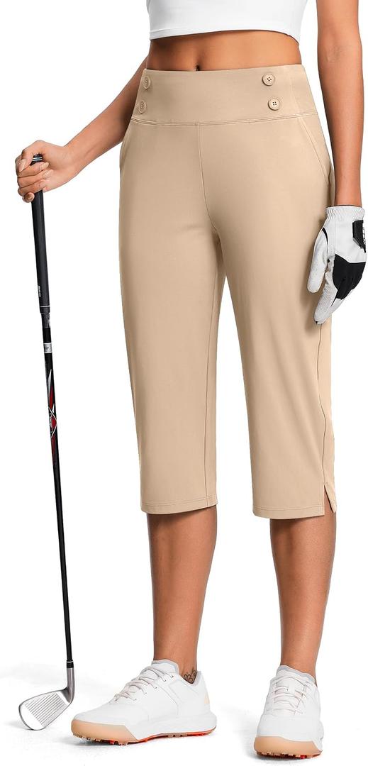 ISEEGZ 15"/18"/21"/27" Capri Pants for Women High Waist Stretch Women's Golf Capris for Summer with Pockets Work Casual (Beige)