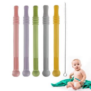 Fu Store Hollow Teether Tube Chew Straw Sensory Toy for Infant Toddlers Silicone Tubes Teething Toys for Babies 3-12 Months 0-36 Months Gifts Learning Developmental Toys BPA Free Freezable 5 Pack