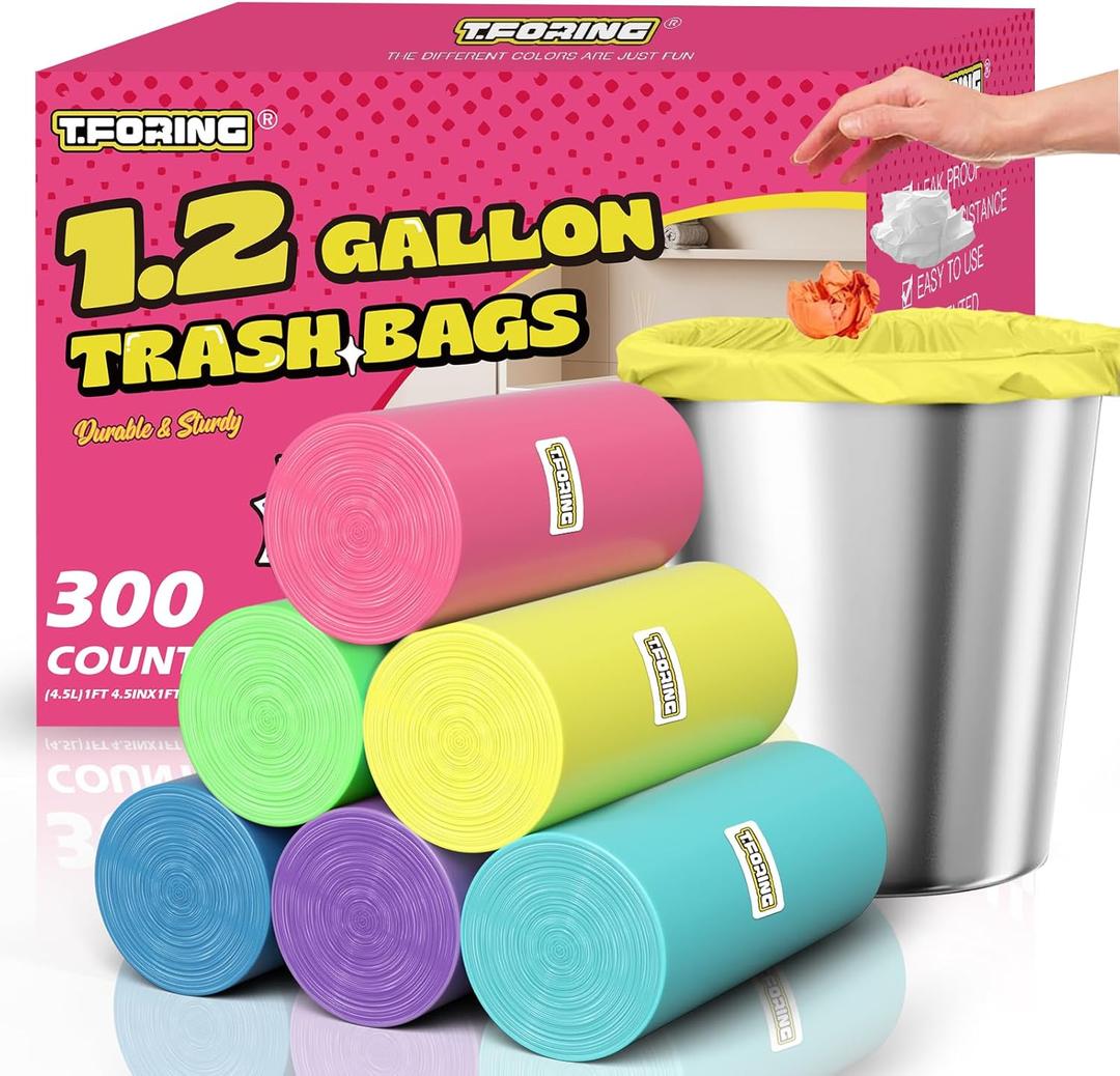 T.FORING 300 Count 1.2 Gallon Trash Bags - 4.5 Liter Colored Small Garbage Bags Unscented Mini Can Liners Leakproof & Tear Resistant for Bathroom, Office, Home