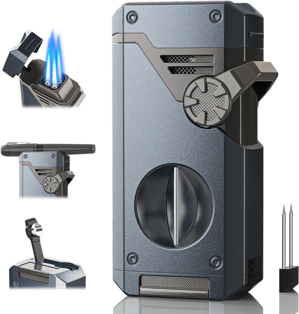 5-in-1 Torch Lighter with Holder, Nubber, Cutter, Punch, Adjustable Windproof 4 Jet Flame, Refillable Butane Lighter, Multi-Functional Lighter Accessories, Men's Elegant Gifts, Travel Outdoors (Blue & Gray)