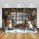AIBIIN 7x5ft Winter Christmas Backdrop Window Snowy Xmas Pine Trees Forest View Photography Background Winter Christmas Cute Bear Gift Photo Backdrop