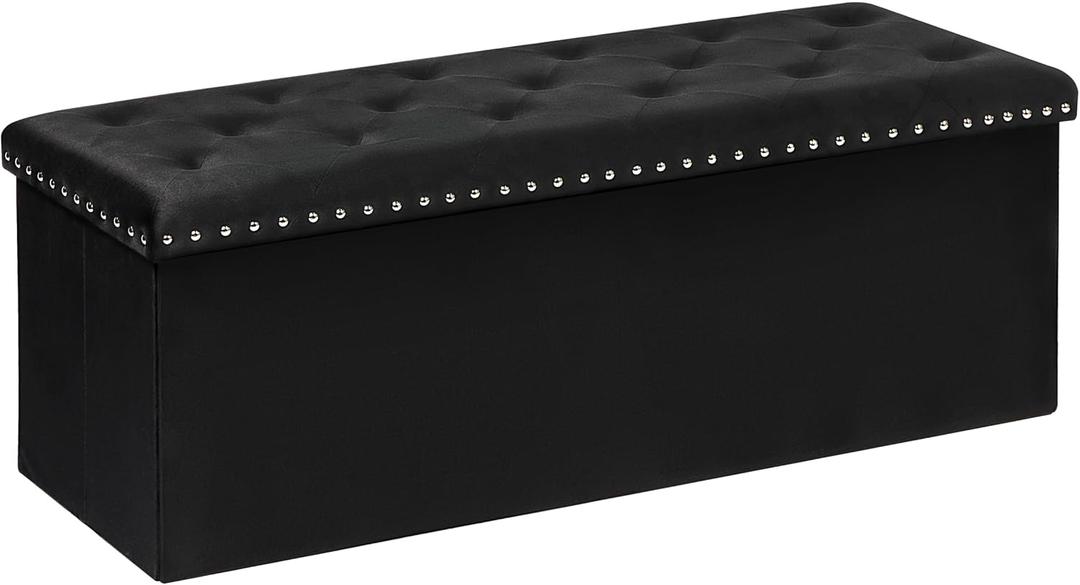 B FSOBEIIALEO Storage Ottoman Bench, Folding Tufted Ottomans with Storage, Extra Large 140L Storage Boxes Footrest Bench for Bedroom, Luxury Velvet Fabric 43 Inches Black, 43.3x15.7x15.7 inches