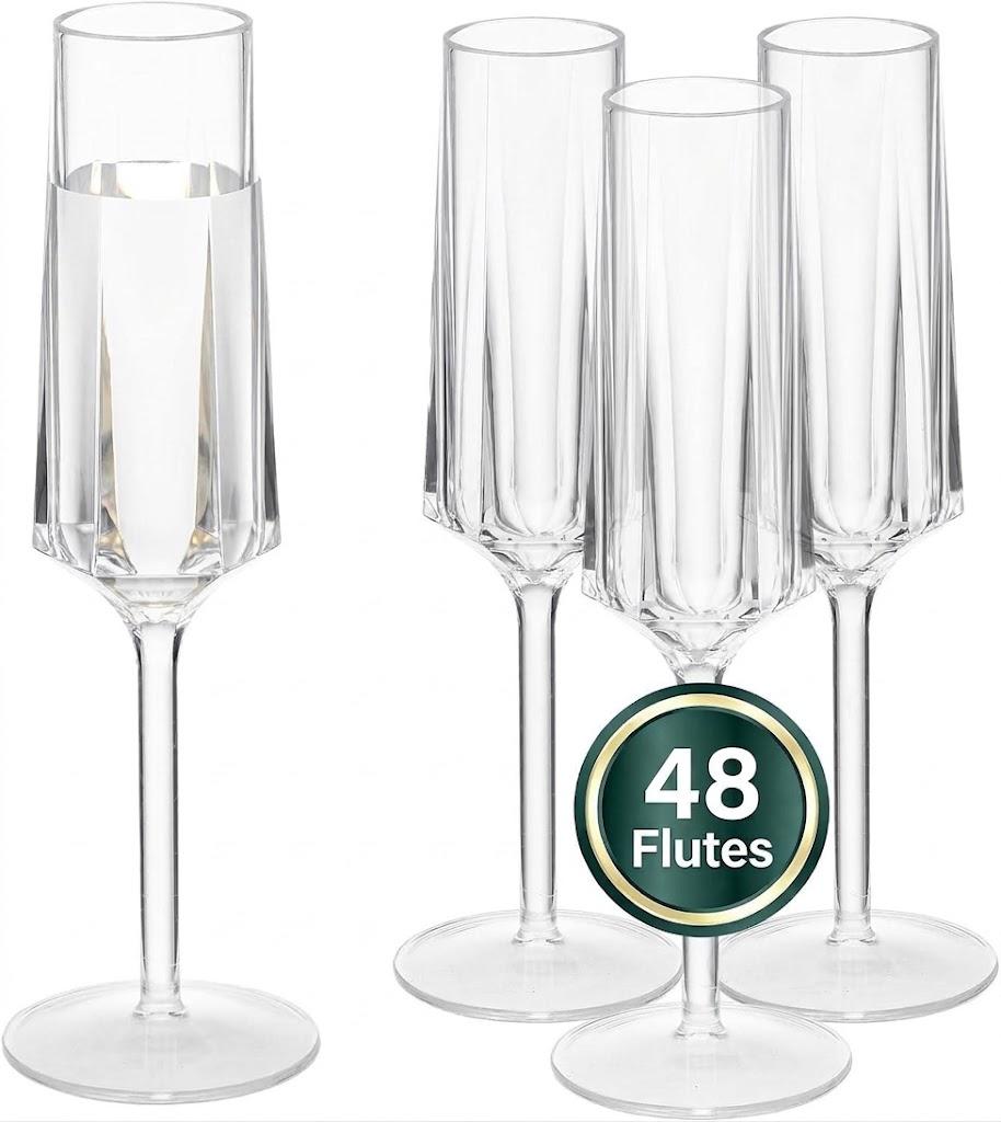JLYLOL 48 Pcs Clear Hexagon Plastic Champagne Flutes Luxury Toasting Glasses 6OZ Elegent Ribbed Champagne Glasses Plastic Goblets Stemmed Drinking Cups for Parties, Wedding Bride
