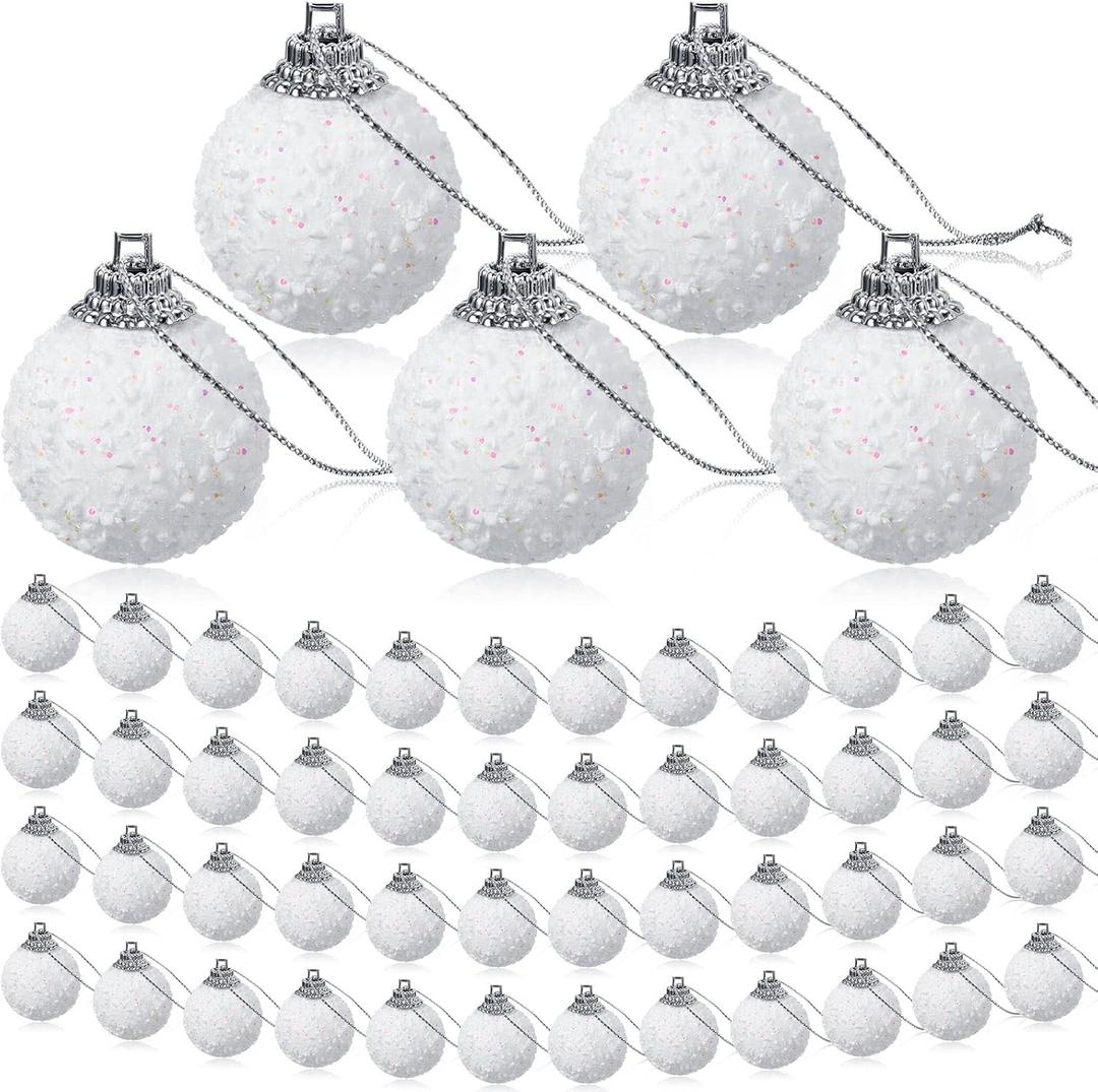 BBTO 48 Pcs Mini Christmas Balls Ornaments 1.18 Inch Small Hanging White Snowballs Snowy Bauble Ornaments Xmas Tree Decoration(1.18 Inch)