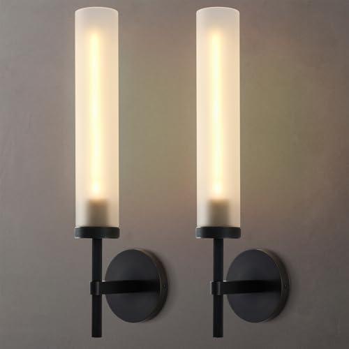 SYBDZSWJ Modern Hardwired Frosted Glass Bathroom Black Wall Sconces 2PC, Handmade Knurled Wall Light Fixture,Vanity Light for Living Room,Hallway, Bedroom, 20" Indoor Wall Lamp, Bulb Included