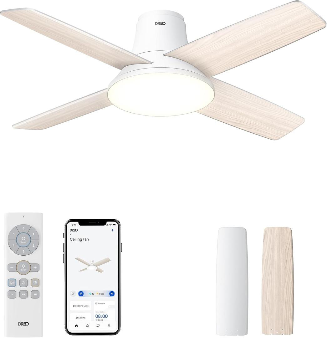 DREO Ceiling Fans with Lights, 12 Speeds & 3 Fan Modes, Quiet DC Motor, Low Profile Easy to Install, Flush Mount Smart Ceiling Fan with Dimmable LED, 12H Timer for Bedroom, Remote, White, 44''