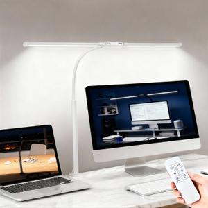 LED Desk Lamp with Clamp, Double Head Adjustable Architect Light, Eye-Caring Monitor Desk Lamp for Home Office, Flexible Gooseneck Task Lamp with 10 Brightness Levels & 5 Color Temperature Modes White