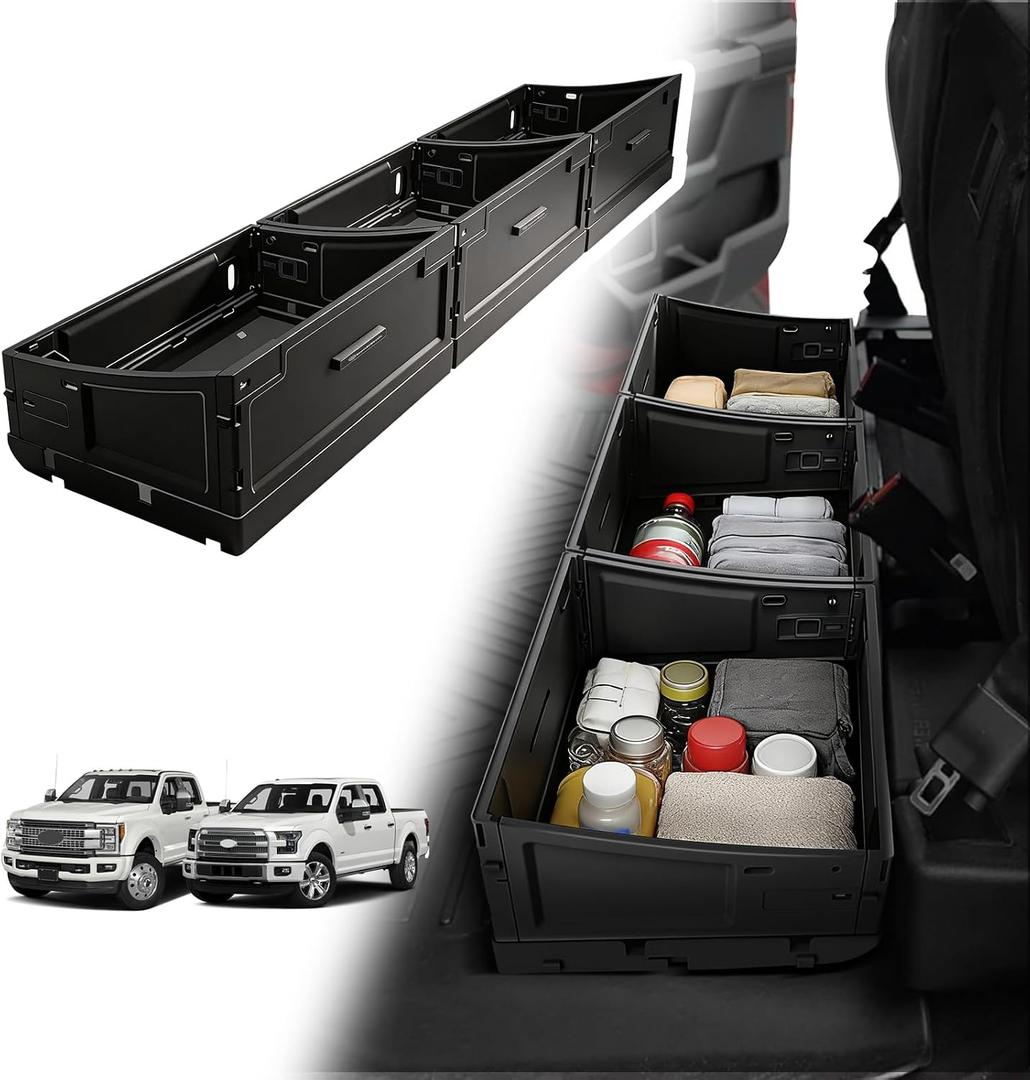 VaultsOnWheels Foldable Under Seat Storage Box for Ford F150 2015-2026 SuperCrew/Crew Cab&F250 F350 F450 2017-2026 SuperDuty Accessories, Console Organizer with Snap Latches, Detachable Truck Tool Box