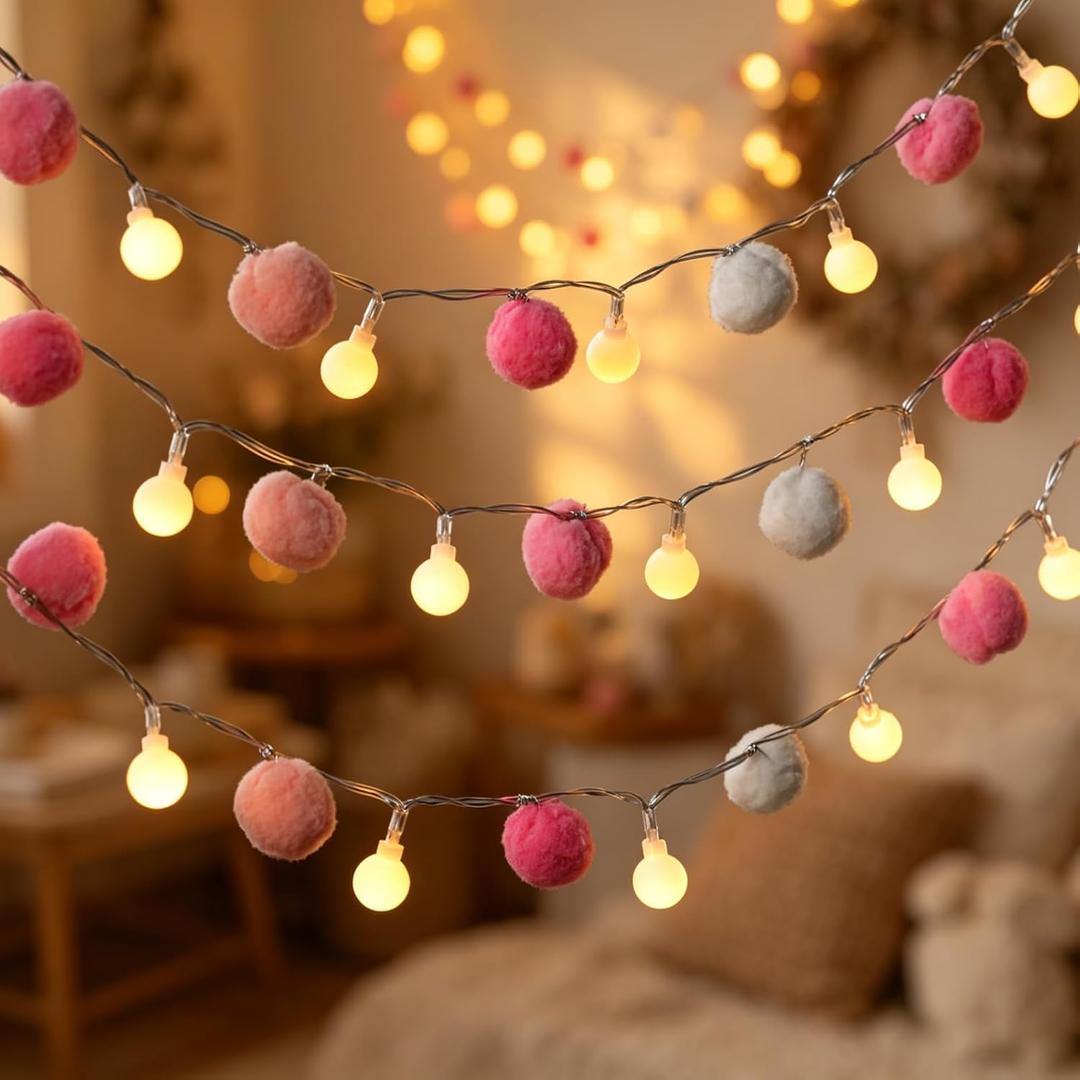 6.56FT Pom Poms Fairy Lights - 20 LED Battery Operated String Lights with Warm White Globe Balls - Cute Indoor Decor for Bedroom, Kids Room, Playhouse, Birthday, Baby Shower, Boho Aesthetic - Pink