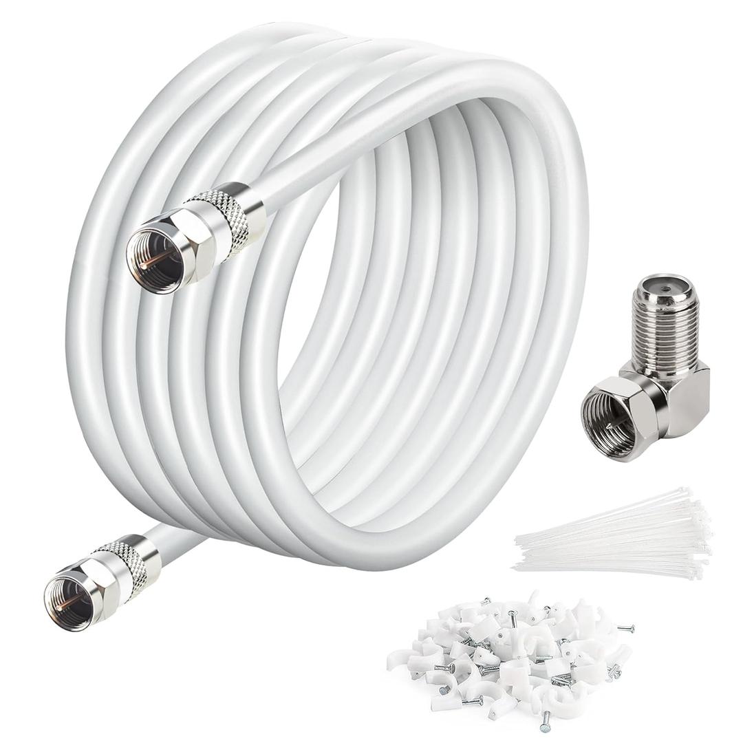 Elecan 30 Ft RG6 Coaxial Coax Cable Connectors Set, Quad Shielded High-Speed Internet 3 GHZ, Broadband Digital TV Aerial, Soft Satellite Cable Extension Double Rubber O-Ring+ Adapter+Ties+Clips-White
