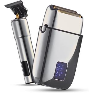 Hal&Hol Professional Cordless Electric Hair/Beard Trimmer and Foil Shaver for Men - Complete Barber Grooming Kit with Rechargeable Battery, Protective Case and 4 Guards, Gift for Men (Silver)