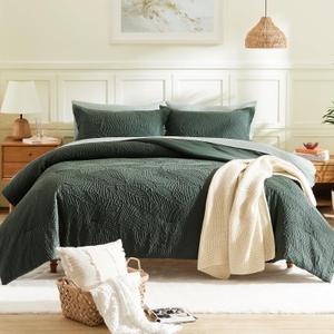 Geniospin Full Comforter Set, Bed in a Bag Sage 7-Pieces, All Season Comfortable Seersucker Bedding with Comforter, Pillow Sham, Flat Sheet, Fitted Sheet and Pillowcase (Dark Green, 80"x90")