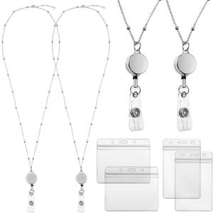 Outus 2 Pieces Badge Lanyard with ID Holders Stainless Steel Badge Name Tag Holders Necklace Retractable Reel Clip Chain Water Resistant for School Office(Silver)