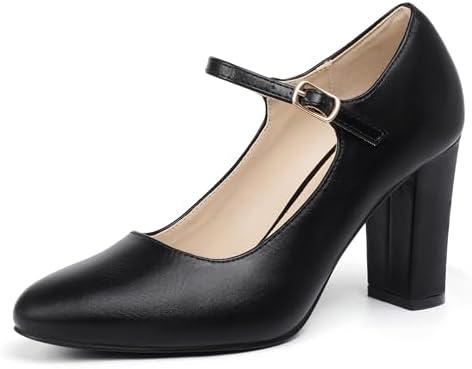 IDIFU IN4 Women's Pumps Mary Jane Dress Shoes for Women Closed Toe High Chunky Block Heels Dressy Wedding Bride Prom Graduation Business Heels Comfortable Formal Vintage Round Toe Pumps Shoes, Size 8