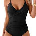 B2prity Women's One Piece Swimsuits Tummy Control Front Cross Bathing Suits Tie Back Slimming V Neck Swimwear(Black) Small