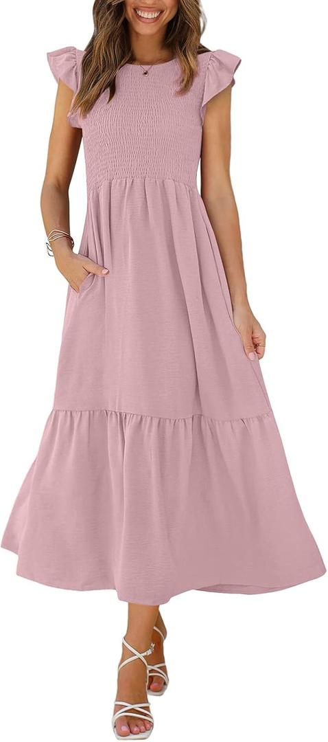 OFEEFAN Women's Casual Maxi Dresses with Pockets Ruffle Sleeve Smocked Dress (Size XX-Large, 06- Pink)