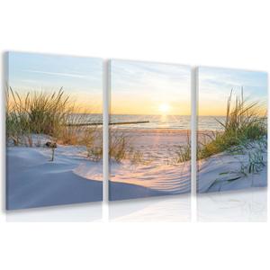 IAFWZX Framed Blue Beach Sunset Wall Art, Bright Ocean Seascape Wall Decor, Sun Sand Dunes Sea Grass Canvas Paintings, Nature Coastal Landscape Poster Prints for Bedroom Living Room 16"x24"x3