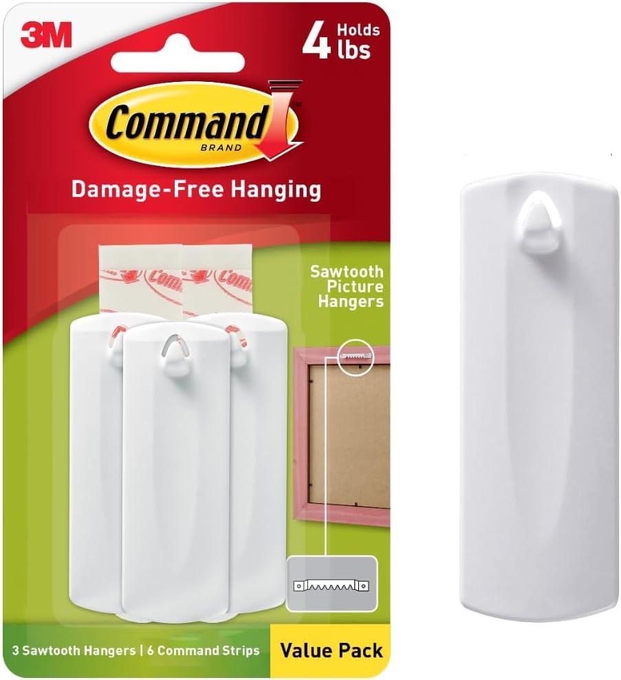 Command Sticky Nail Sawtooth Picture Hangers, 3-Pack, Damage-Free Wall Hanging, Holds 5 lbs Each, No-Tools Adhesive for Sawtooth Frames, Canvas Art and Home Decor, Removable with No Wall Damage (3 Medium Hooks, Black)