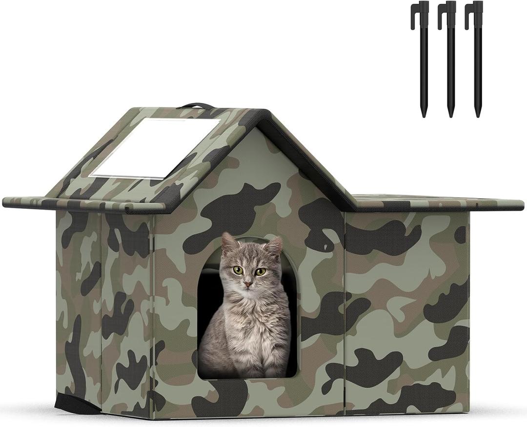 Outdoor Cat House Weatherproof, Large Feral Cat House for Winter, Collapsible Outdoor Cats Shelter in Winter with Door and Soft Mat, Easy to Assemble (Green) (17*13*15 inch)