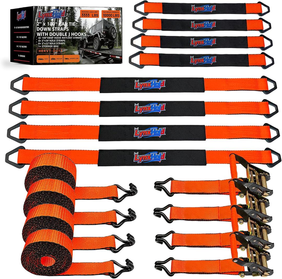 2x180'' Car Trailer Tie Down Straps, Heavy Duty, 10,000 LBS Break Strength, 180in