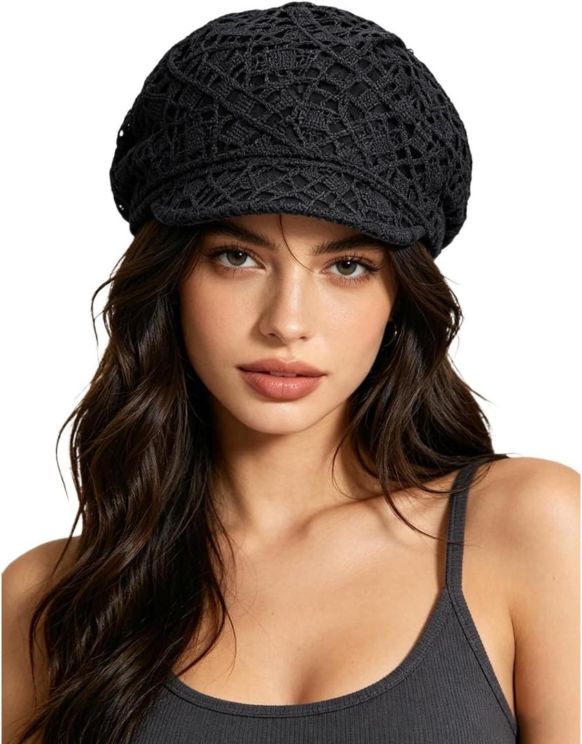 Crochet Lace Slouch Newsboy Cap for Women, Breathable Cabbie Hat, Summer Fashion Headwear