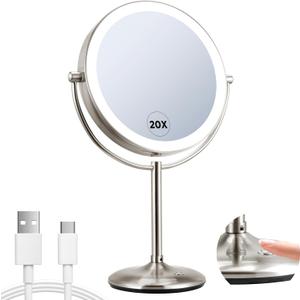 9" Lighted Makeup Mirror, 1X/20X Rechargeable Magnifying Mirror with 3 Color Dimmable Lights for Bedroom Tabletop, Base Charging and Switch, Women Gift (Brushed Nickel)