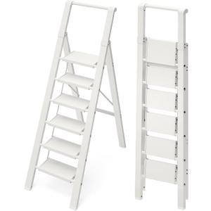 6 Step Ladder, Aluminum Folding StepStoowith Convenient Handgrip,Lightweight 330lbsCapacityStep Ladder for Household, Ofice, Kitchen(White)