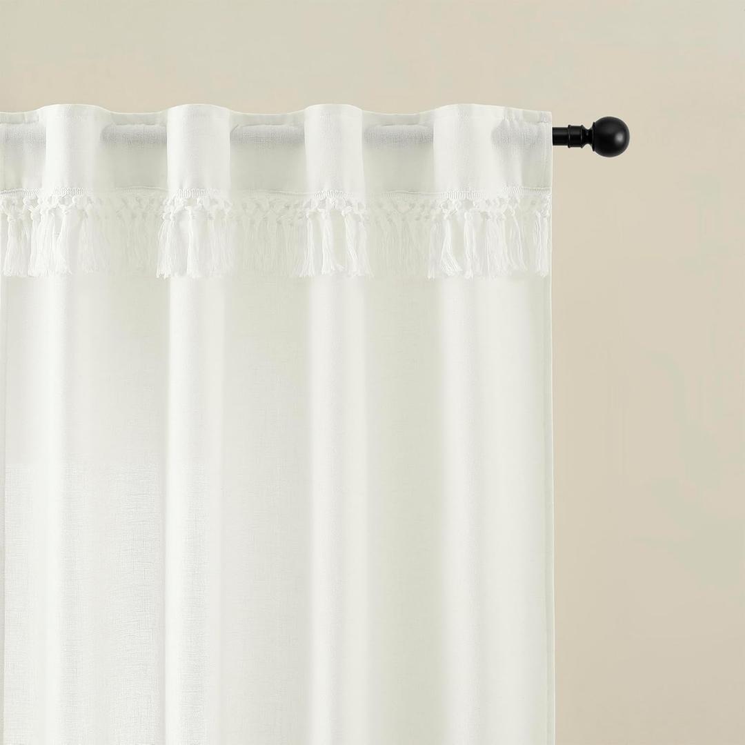 White Linen Curtains 63 Inch Length with Tassels for Living Room Linen Light Filtering Semi Sheer Drapes Neutral Boho Farmhouse Sheer Window Curtain 40x63