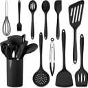 HaWare 11 PCS Silicone Cooking Utensils Set, Heat Resistant Kitchen Utensils with Holder, Food-grade Spatula Sets for Nonstick Cookware, Kitchen Tools Gadgets Include Fish Turner, Spoon (Black), 11 Pieces