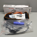 Pneumatic Grease Gun Kit 6000 PSI Heavy Duty 14 OZ Pistol Grip Grease Guns with 19" & 28" Spring Flex Hose,Quick Release Coupler,90 Degree Adapter,2 Needle Tips,2 Nozzles,2 Extension Tubes (Blue+Black)