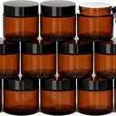 2 Oz Small Glass Jars with Lids, 12 Pack Airtight Amber Cosmetic Jars with Inner Liners Round Empty Travel Sample Containers for Lotions, Creams, Candles, Body Butters