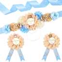SUSSURRO Teddy Bear Maternity Sash Mummy to Be Daddy to Be Corsage Pin Set Blue Flower Baby Shower Sash Belly Belt for Gender Reveal Bear Baby Shower Decorations