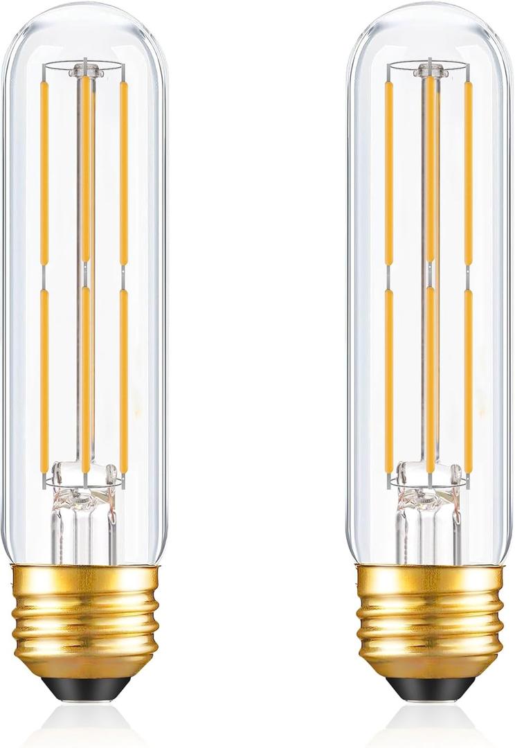 Dimmable E26 T10 LED Bulb Tube Light Bulbs 6W(60W Equivalent), Tubular Light Bulb Type T Long Thin Skinny Light Bulbs for Curio Cabinet, Piano Light, Chandelier, Hutch, 2700K Solf White 600LM, 2 Pack