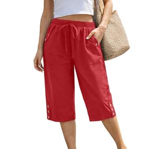 WROLEM Women Pocket Pants Lightweight Wide Leg Drawstring Elastic Waist Lounge Cropped Pants (XL, Red)