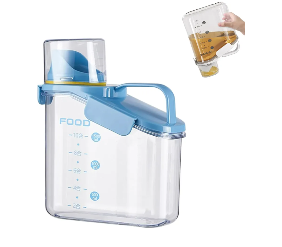 Clear Airtight Food Storage Containers, Cereal Dry Food Storage with Pour Spout and Measuring Cup Transparent Plastic Dispenser for Flour Rice Cereal Sugar (Blue,54oz)