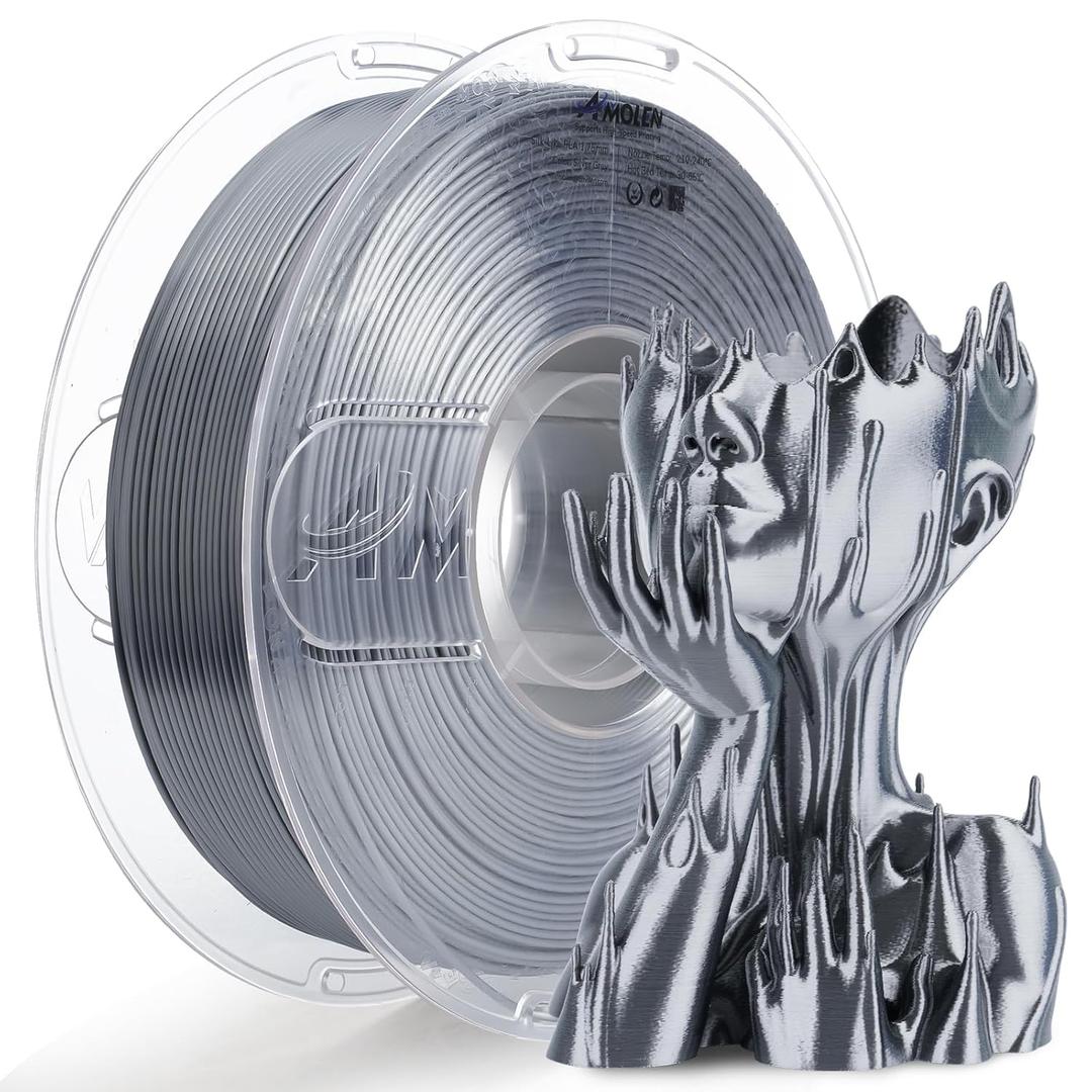 AMOLEN Silk PLA Filament 1.75mm 3D Printer filaments, Shiny Silver Grey Filament for 3D Printing, 1kg (2.2lbs) Spool, Compatible with Most FDM Printer (Silk Silver Grey)