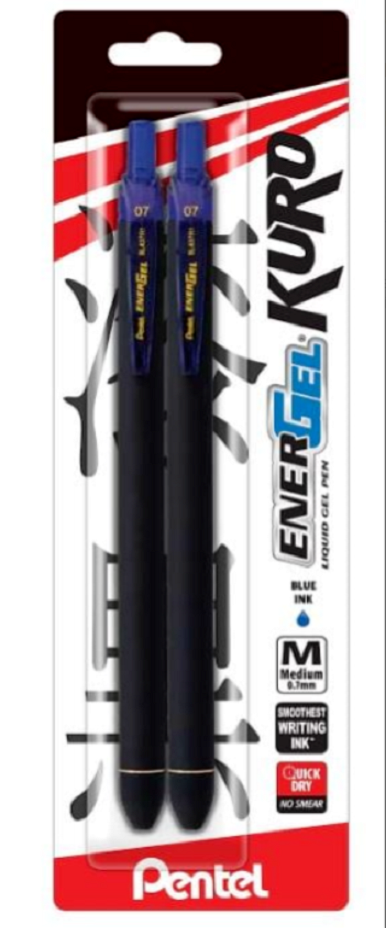 Pentel EnerGel Kuro Liquid Gel Pen Blue Ink .7mm 2Pk