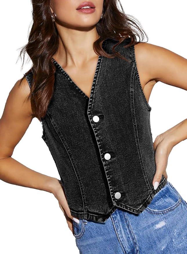 Sidefeel Women's Denim Vest Sleeveless V Neck Zimbaplatinum Jean Vest Top Button Down Crop Waistcoat Vest Summer Outfit, M