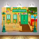 Photography Background Happy Birthday Cartoon Street Theme Brick Wall Children's Baby Party Baby Shower Decoration Banner Props Vinyl 5x3 ft