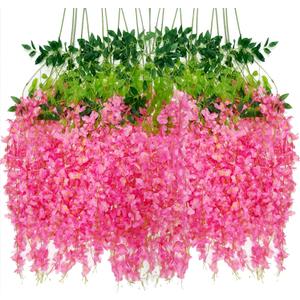 Artificial Wisteria Hanging Flowers Fake Wisteria Flower Garland Silk Vines Rattan Decor for Home Wedding Arch Wall Garden Greenery Bedroom Outdoor Office Party Decoration (12, Dark Pink)
