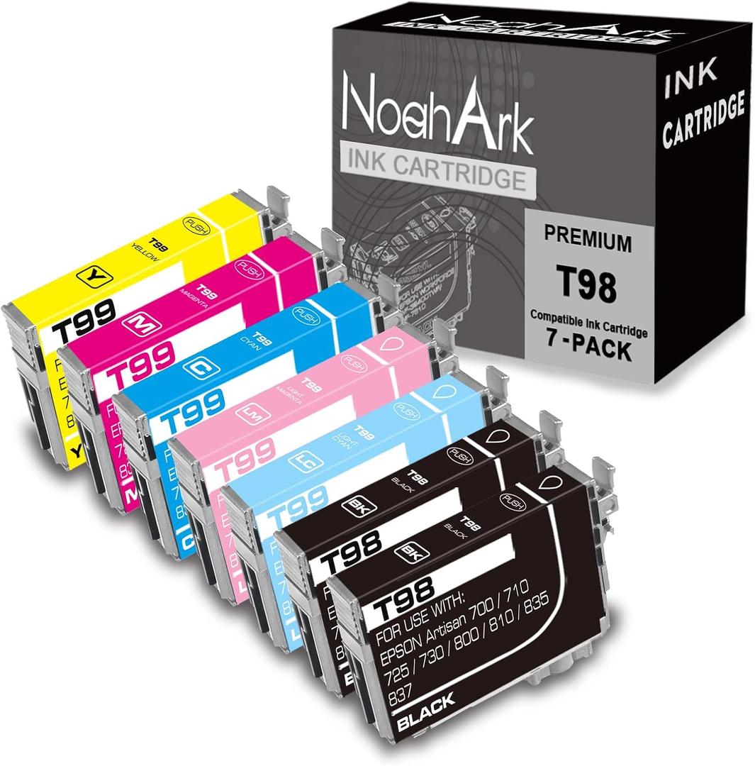7 Packs T098 T099 Remanufactured Ink Cartridge Replacement for Epson 98 99 for Artisan 700 710 725 730 800 810 835 837 Printer (2 Black,1 Cyan,1 Magenta,1 Yellow,1 Light Cyan,1 Light Magenta)
