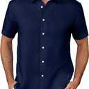 Kallspin Men's 100% Linen Button Down Shirts Casual Short Sleeve Tops Collared Summer Beach Shirts
, Navy Blue, Medium