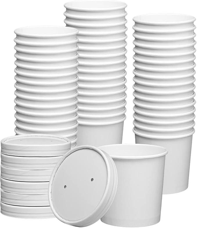 GUSTO [12 oz. - 50 Count White Paper Food Containers with Vented Lids - To Go Hot Soup Bowls, Disposable Ice Cream Cups, Ideal for Hot and Cold Foods