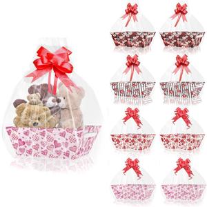 CIEOVO 24-Piece Valentine's Day Gift Basket Set: Empty Cardboard Trays with Cellophane Bags, Bows & Tags (Red pink-1)
