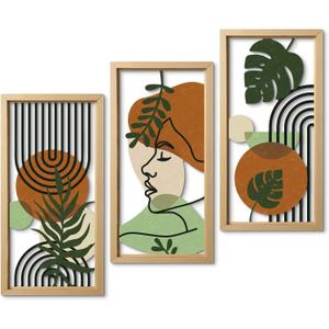 Putuo Decor Set of 3 Boho Wall Decor with Woman Face, Abstract Wall Art Botanical Cut-Out MDF Panels, Mid-Century Modern Aesthetic Artwork for Bedroom Living Room Office