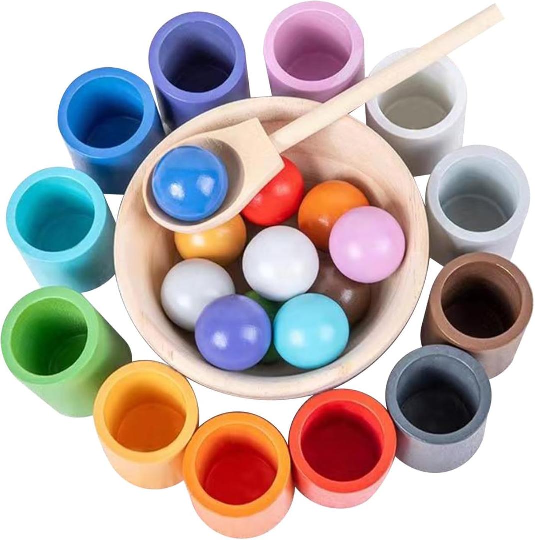 Rainbow Balls in Cups Toddler Montessori Toys for 3 Year Old Up, Kids Preschool Wooden Matching Games for Learning Color Sorting and Counting